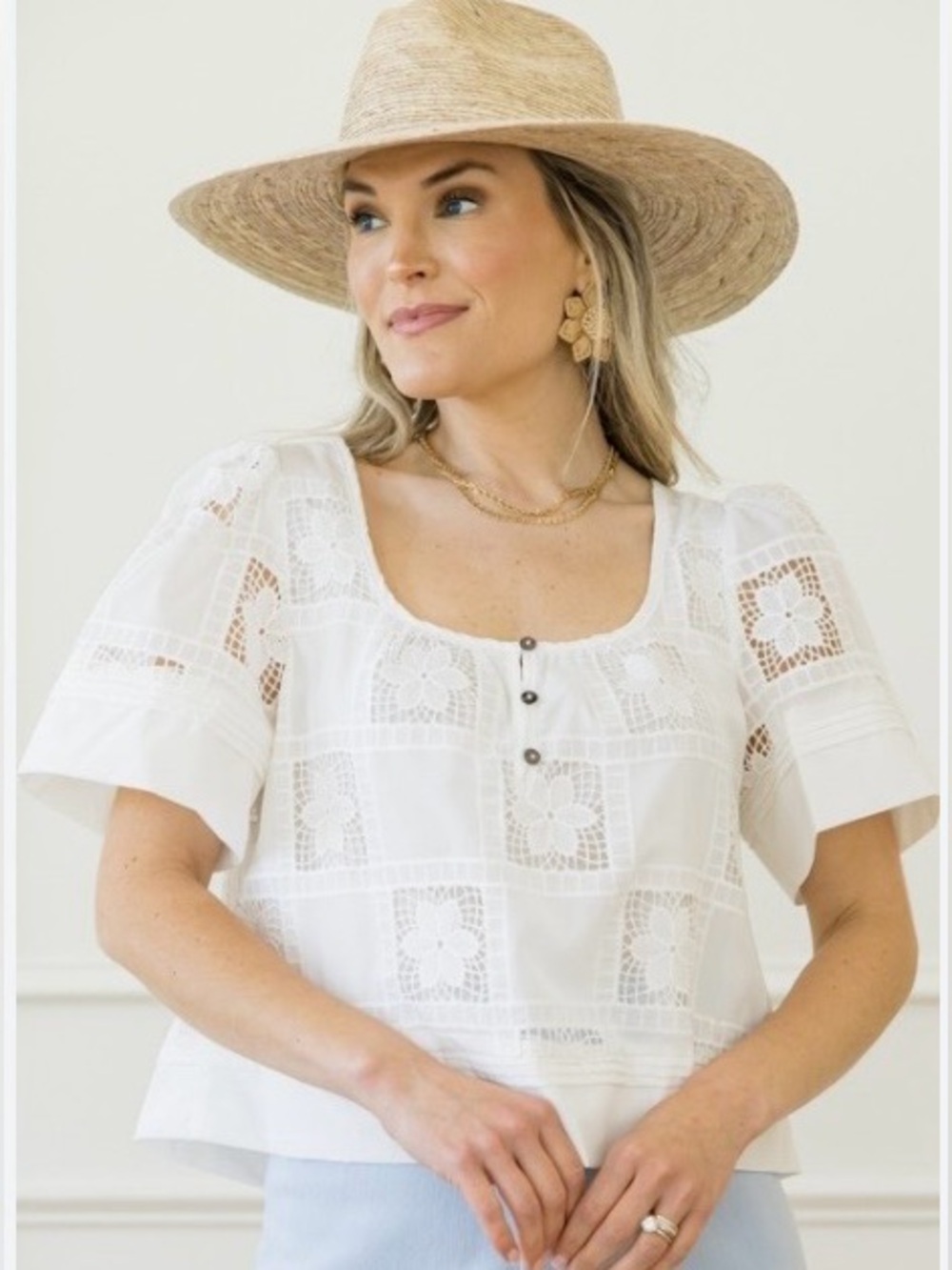 White Floral Lace Square-Neck Peasant Blouse